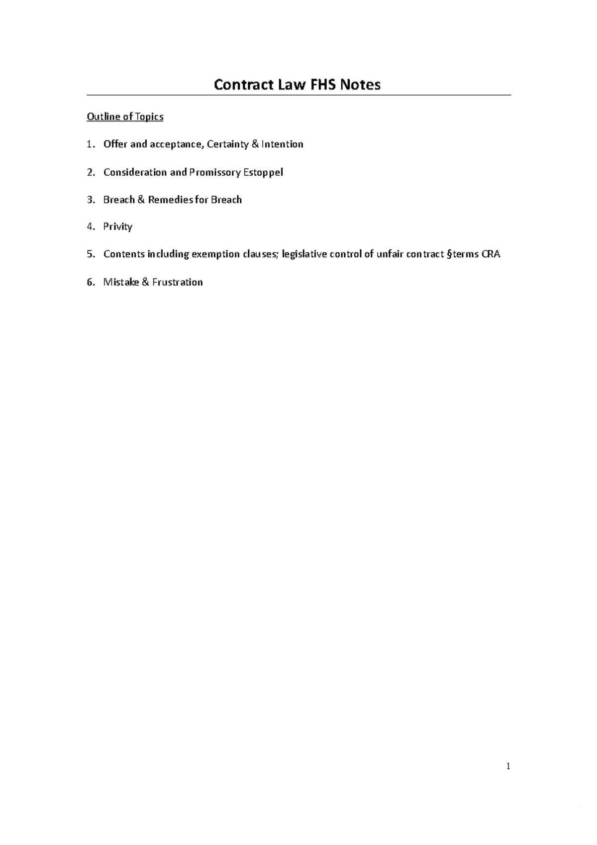 Contract LAW CASE LIST - Case notes - Contract Law FHS Notes Outline of ...