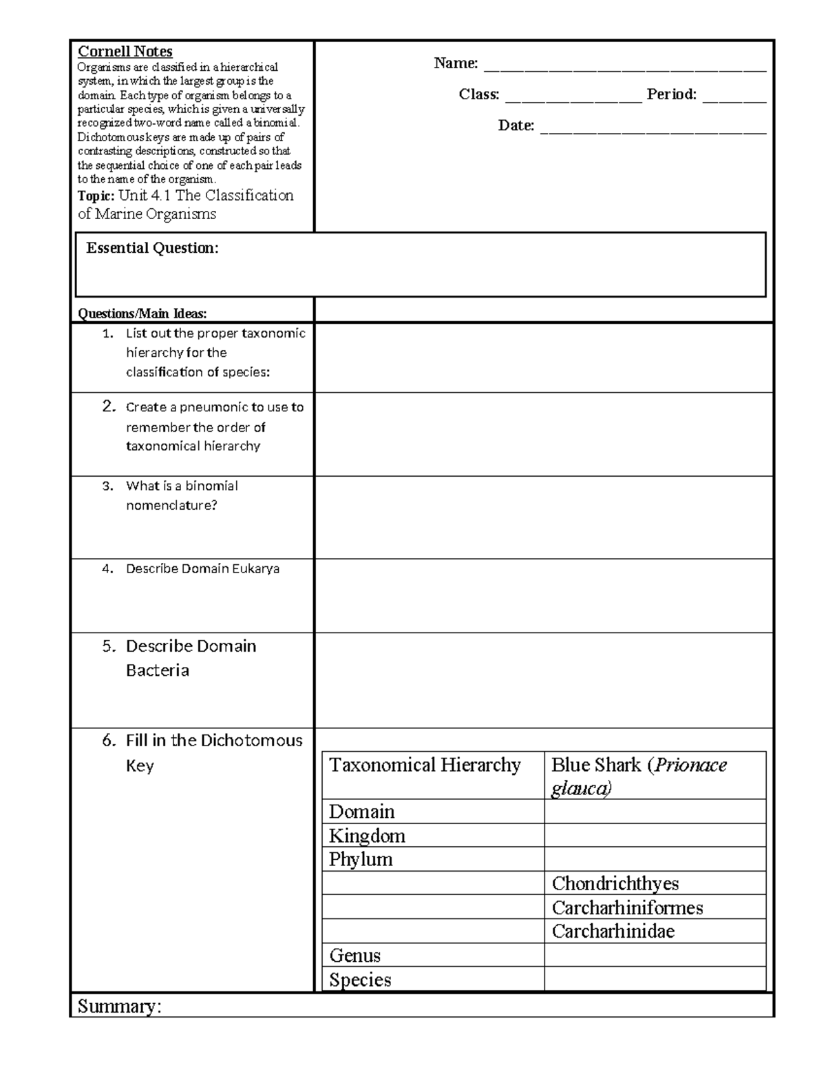Unit 4.1 Cornell Notes: Taxonomy & Classification of Marine Organisms ...