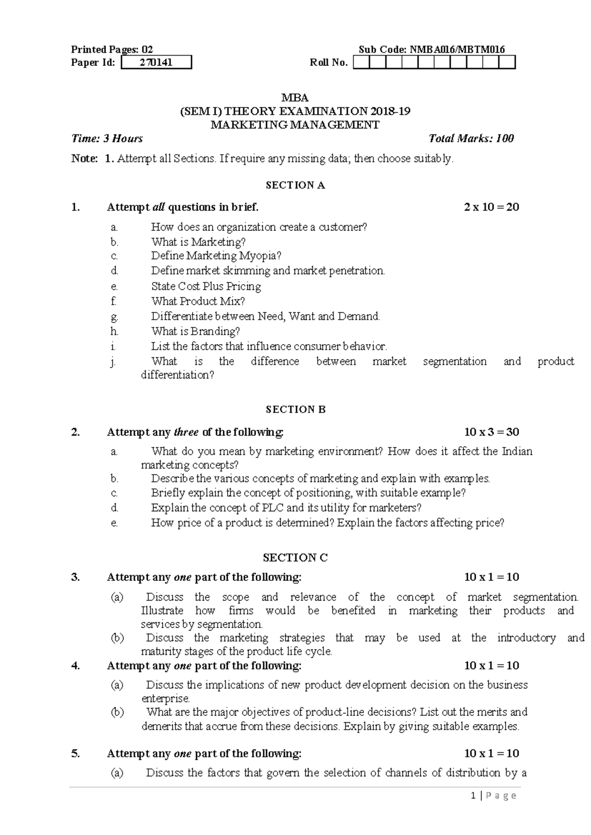 MBA SEM I Marketing Management Theory Exam QP19 - Studocu