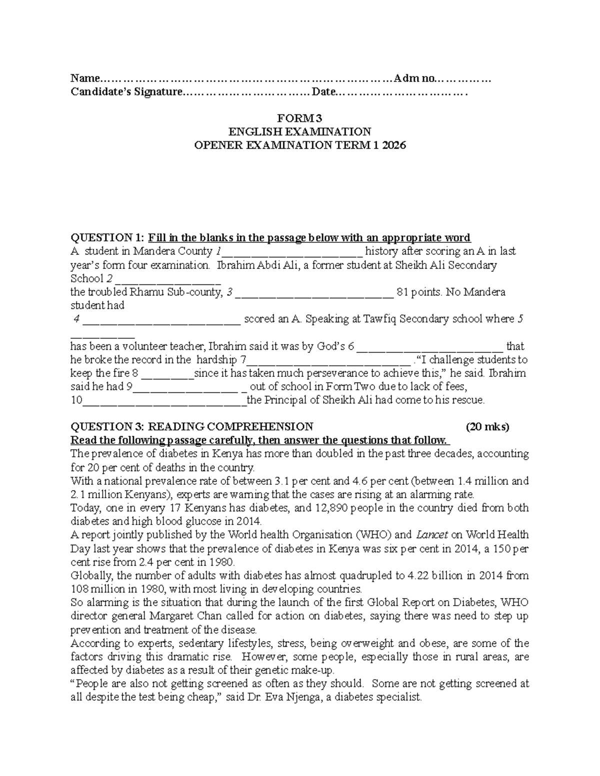 English F3 2026 Term 1 Examination Questions and Answers - Studocu