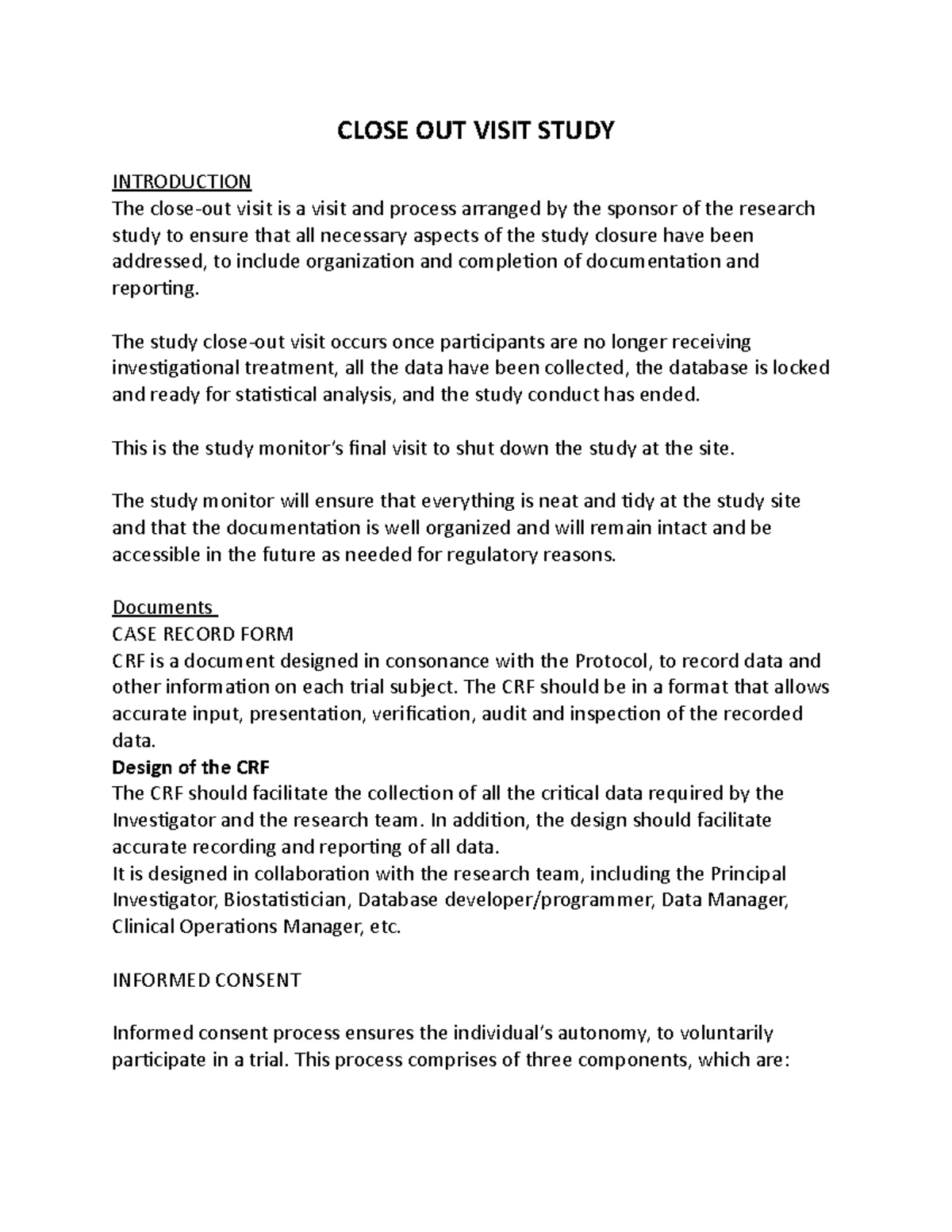CLOSE OUT VISIT STUDY: Key Processes and Documentation Overview - Studocu