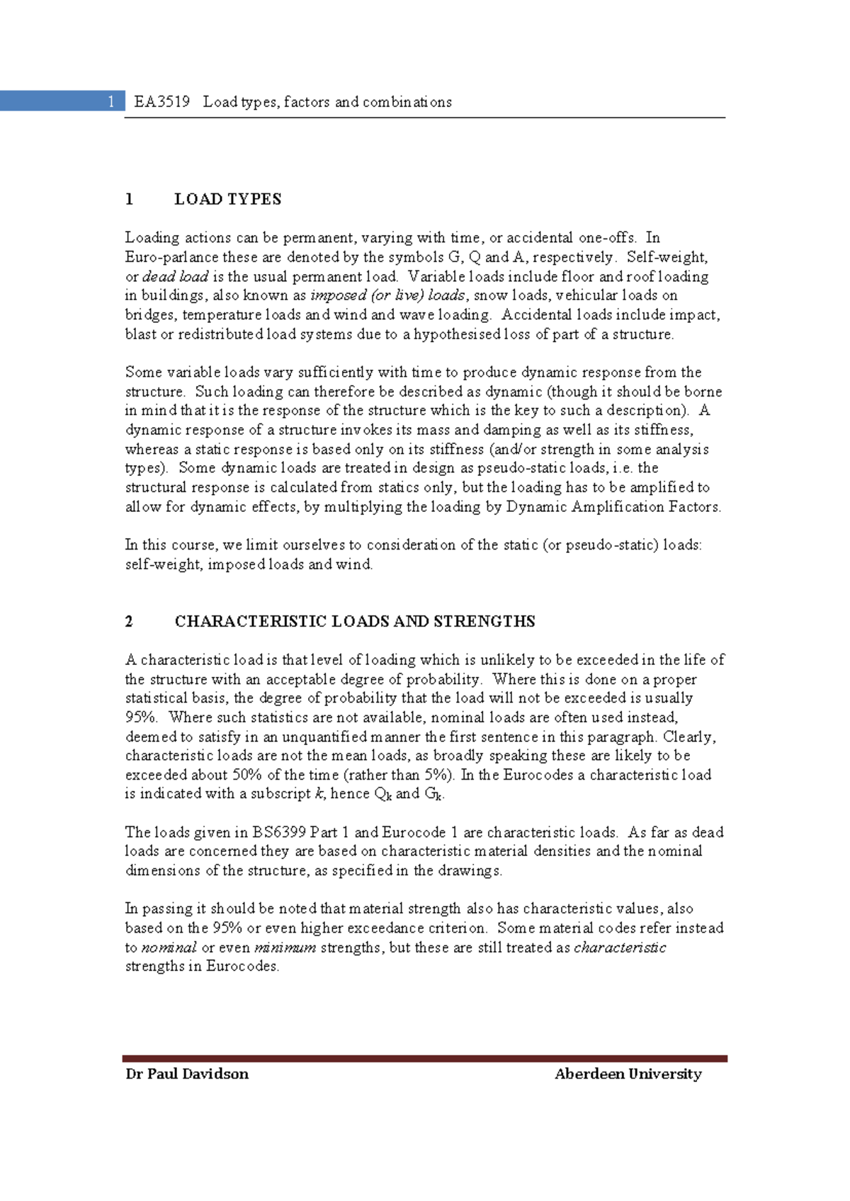 EA3519 Load Types, Factors, and Combinations in Structural Design - Studocu