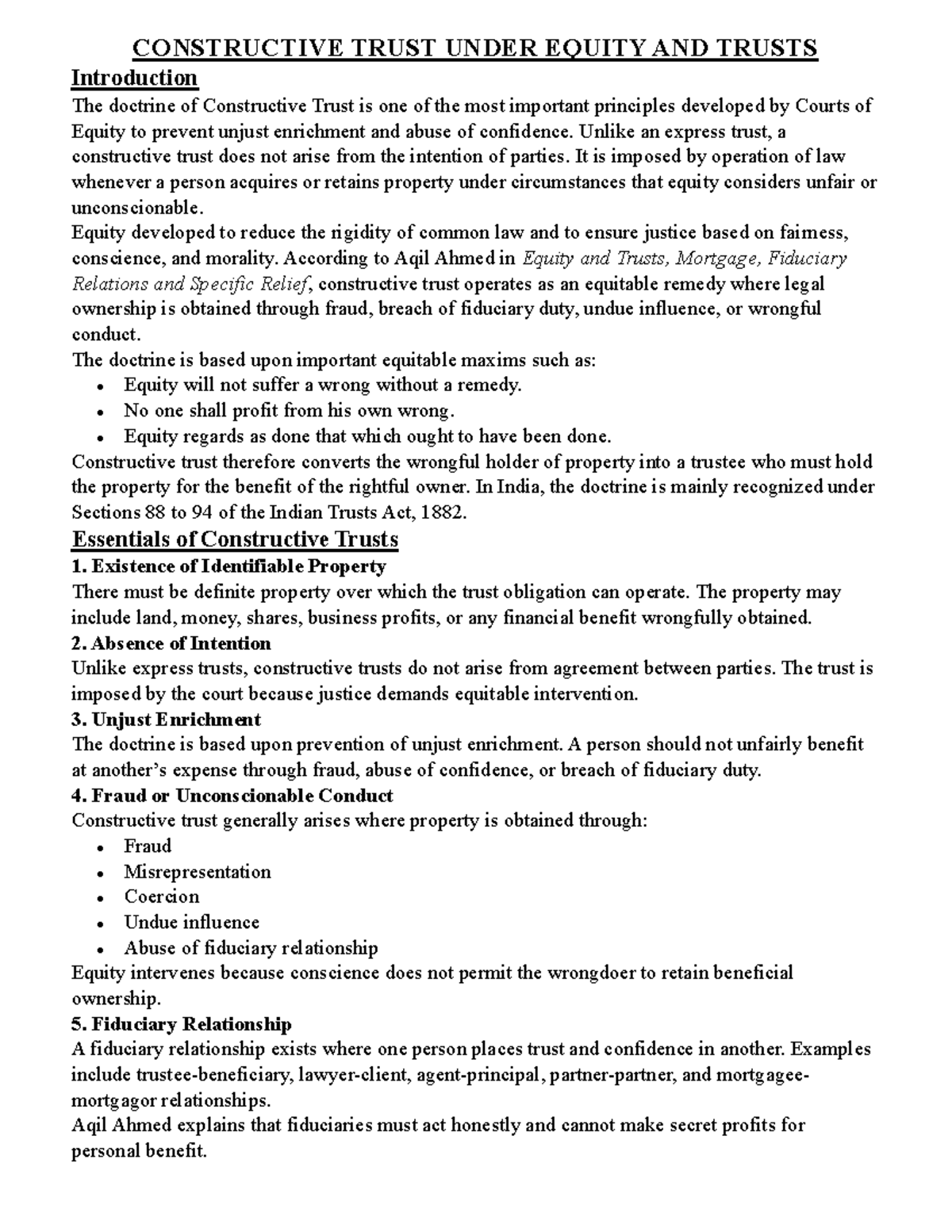 Constructive Trusts in Equity & Trusts: Principles & Applications - Studocu