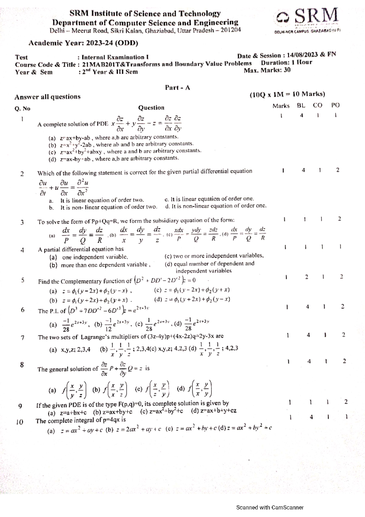 Maths Sem 3 - CTs and Final Paper for 21MAB201T Transforms & BVP - Studocu