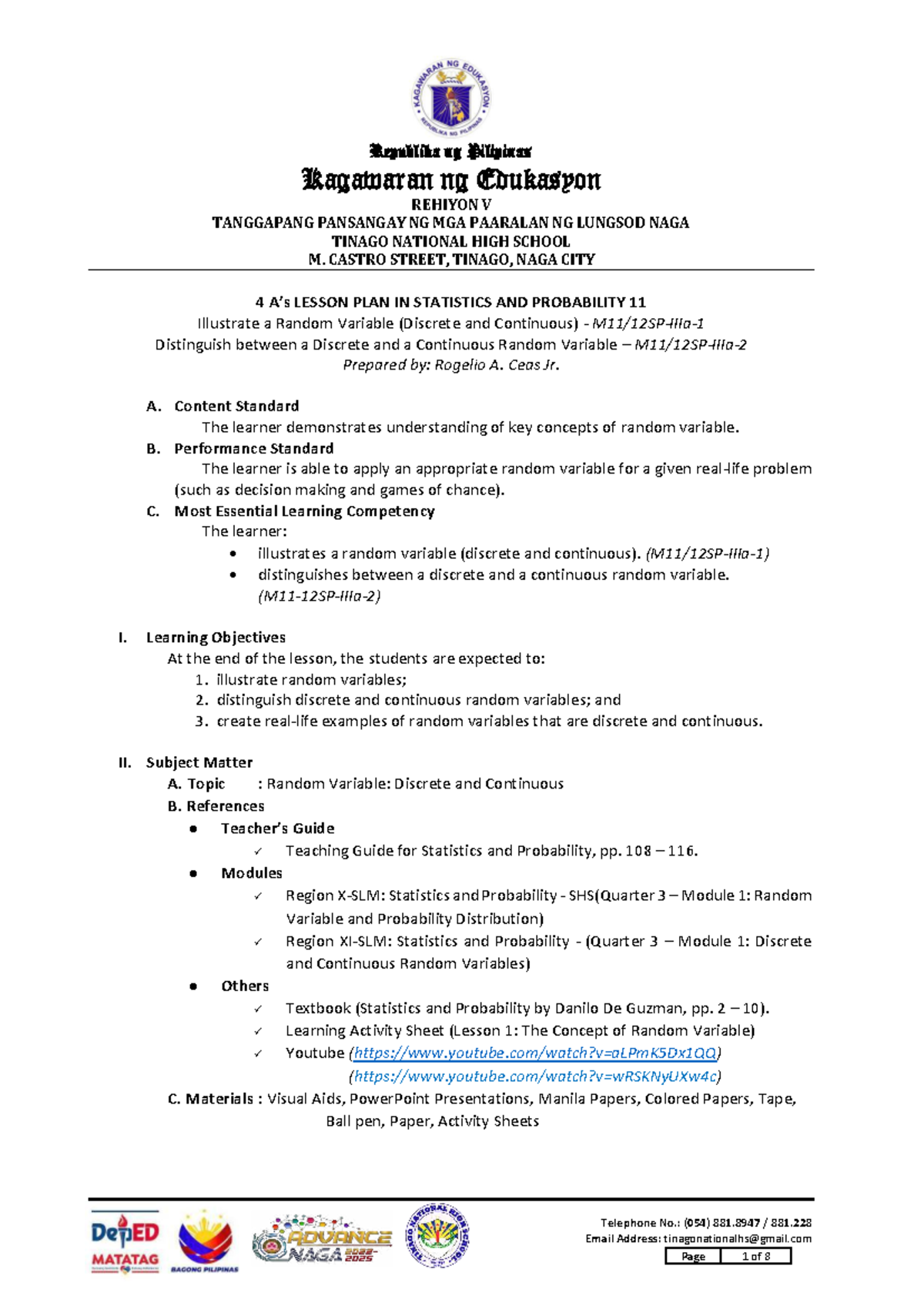 3rd Quarter - CO Lesson Plan: Random Variables in Statistics and ...