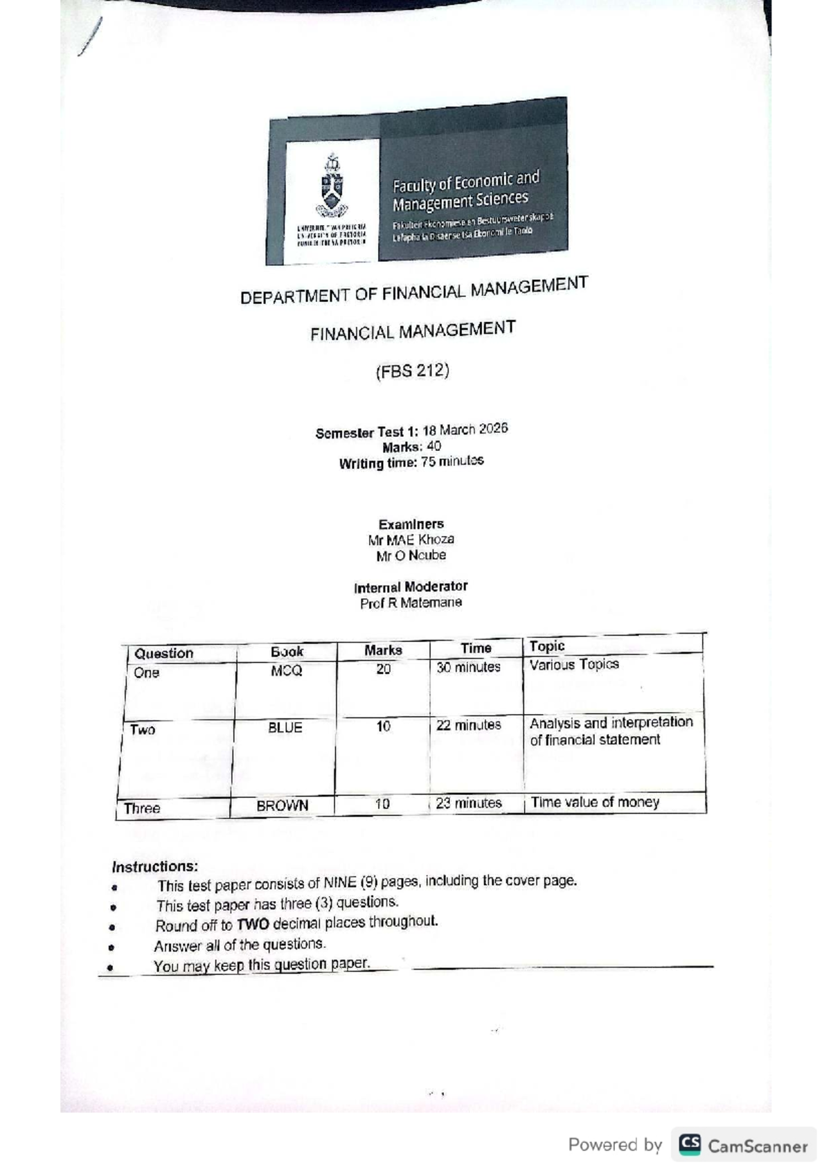 FBS 212 Semester Test 1: Financial Management Concepts and Applications ...