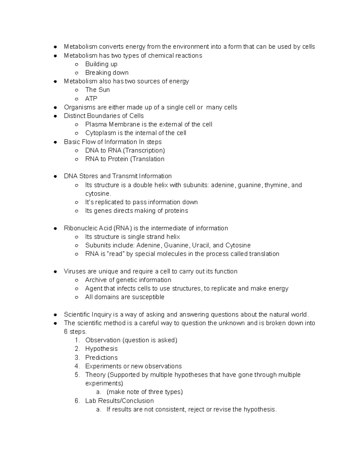 Bio 101 - Chapter 1 Notes on Metabolism and Scientific Inquiry - Studocu