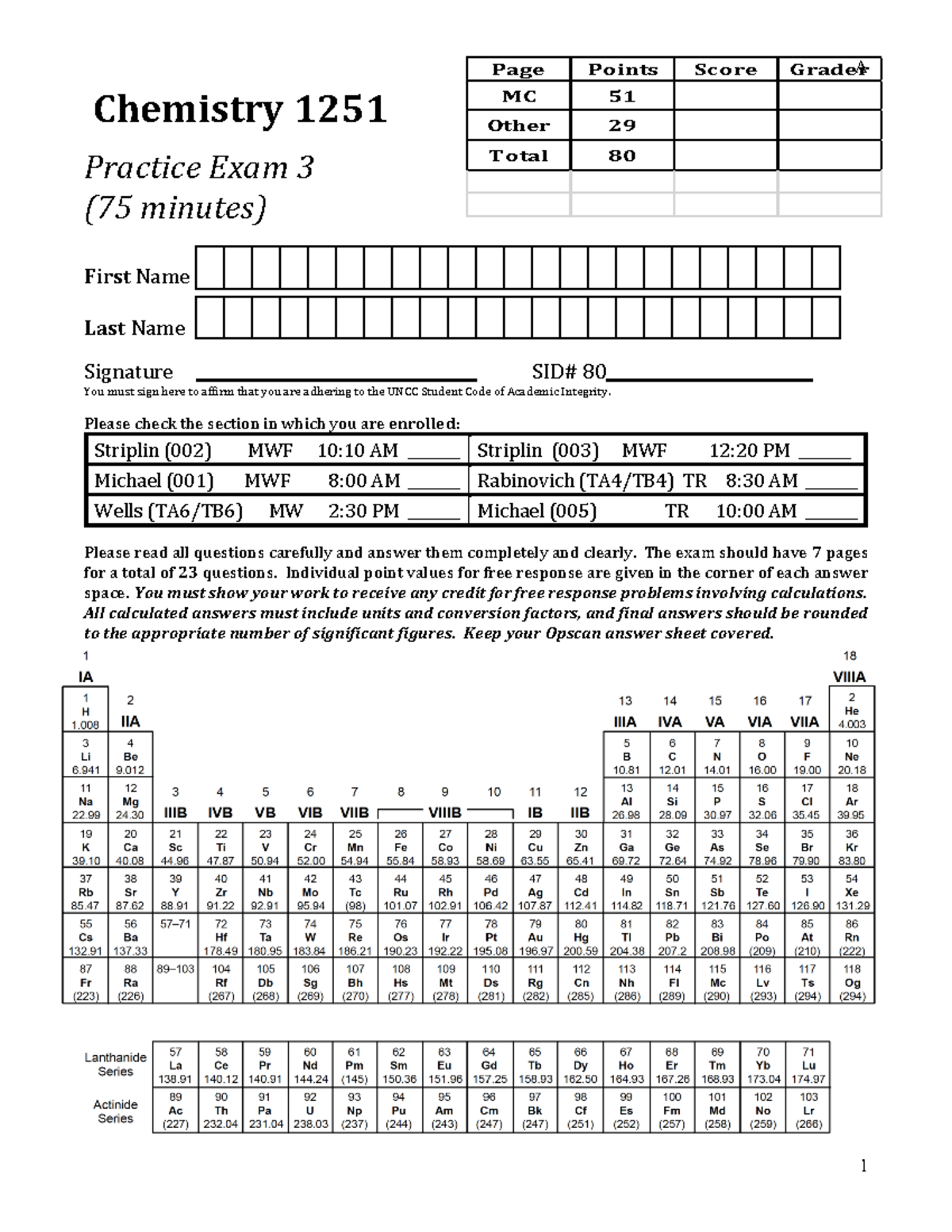 Chemistry 1251 Exam 3 Practice Test KEY - Revised Edition - Studocu