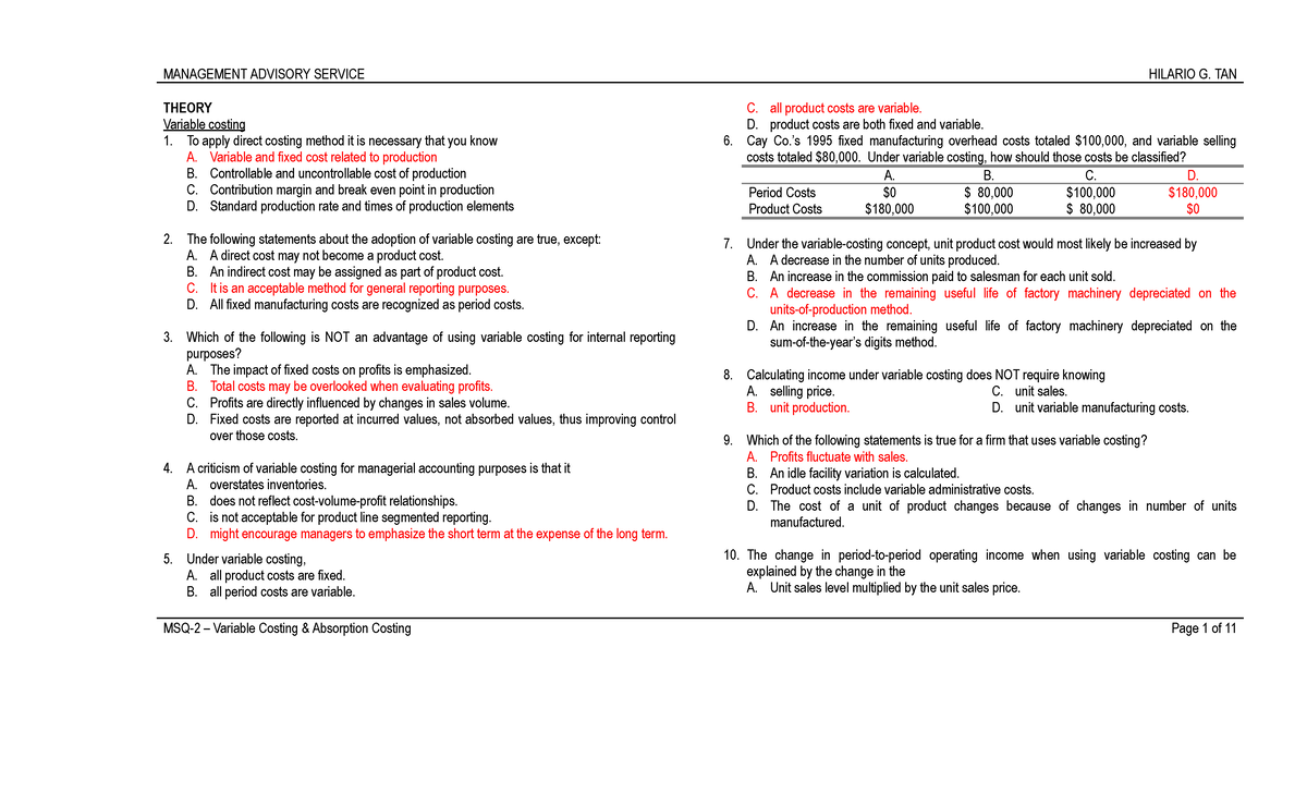Variable and Absorption Costing Study Notes (Costing Methods) - Studocu