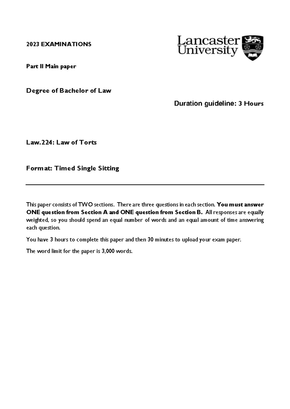 Law.224: 2023 Final Exam Paper on Law of Torts - Key Cases & Analysis ...