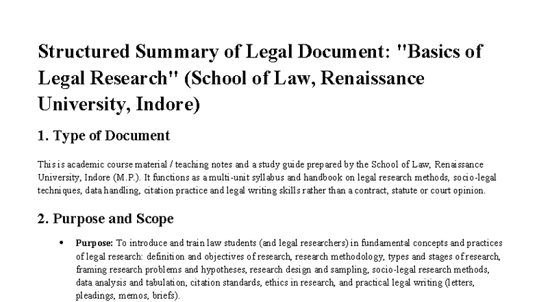 Structured Summary of Legal Research Methodology & Writing Notes (LAW ...