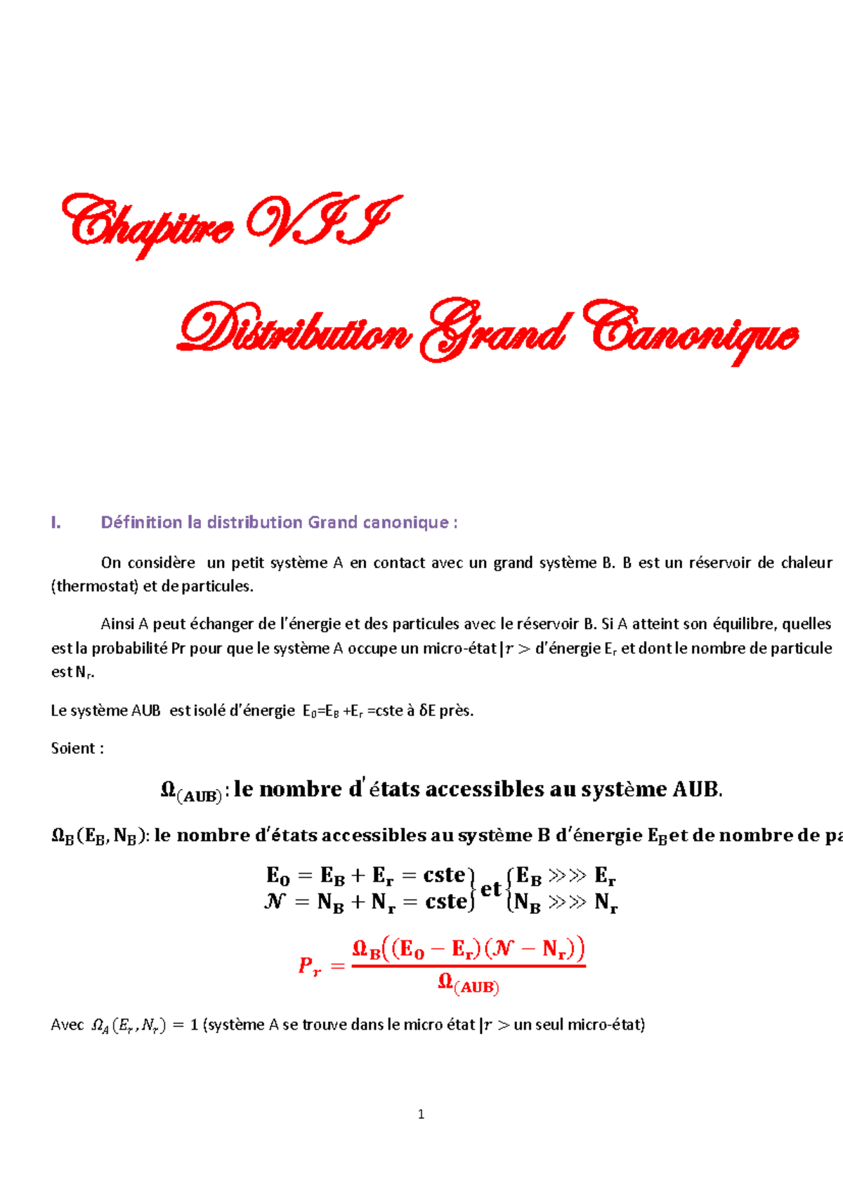 Chapitre VII: Distribution Grand Canonique et ses Applications - Studocu