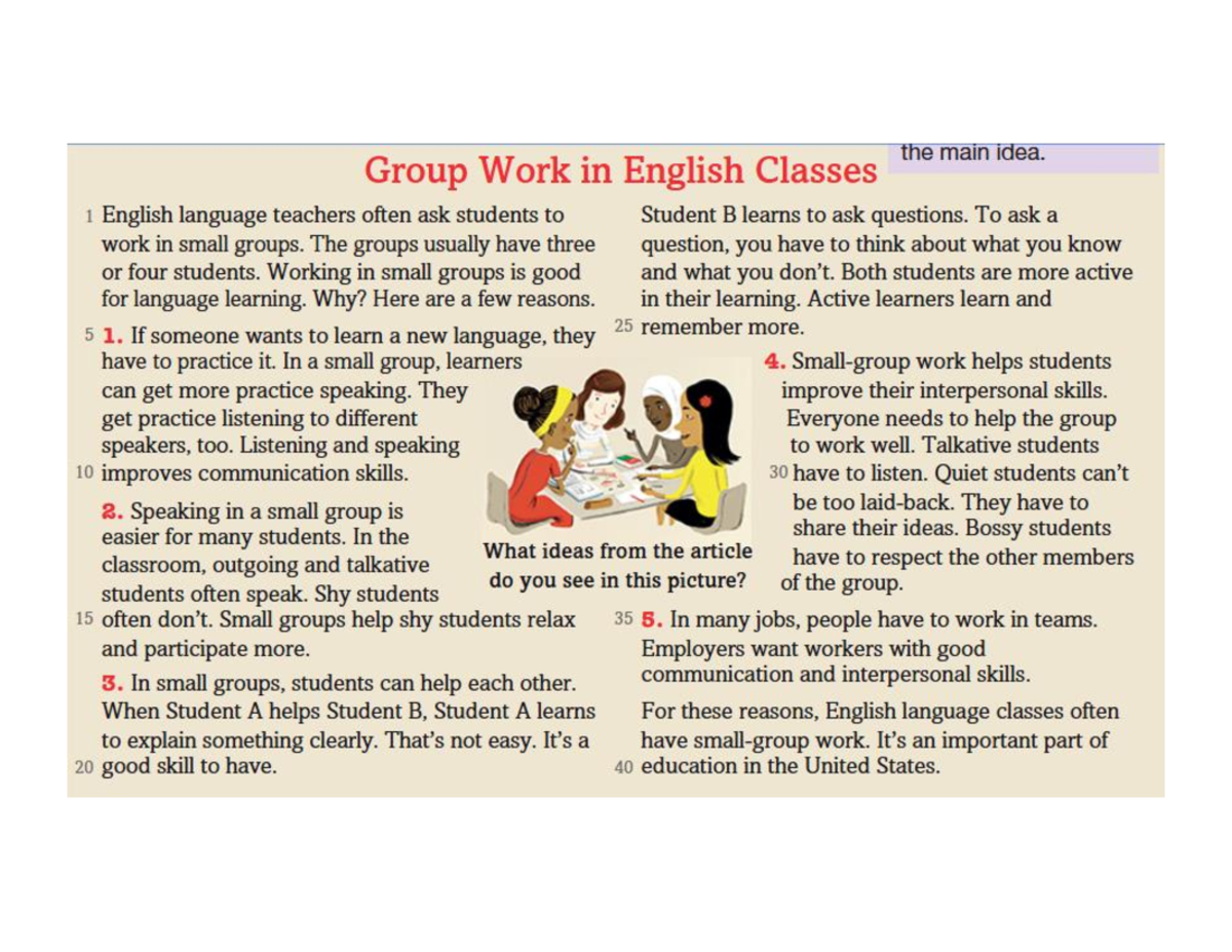 Article, Group Work in English Classes - the main idea. Group Work in ...