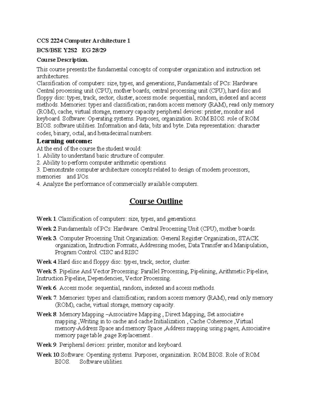 CCS 2224 Computer Architecture 1 Course Outline and Description - Studocu