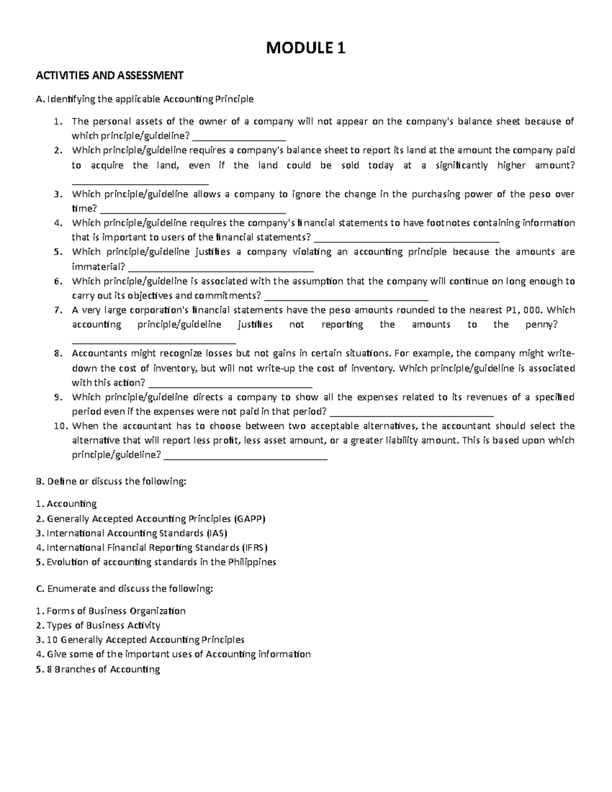 Financial Accounting Exercises (ACC101) for Module 1 Activities - Studocu