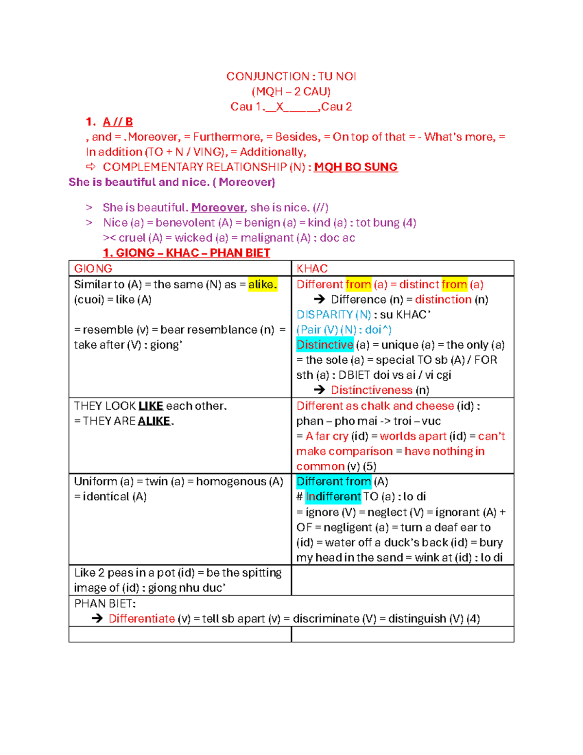 89NC2 - Conjunction Notes: Complementary & Concessive Relations - Studocu