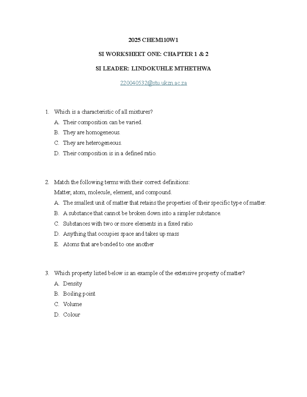 2025 CHEM110W1 SI WORKSHEET ONE: CHAPTER 1 PRACTICE QUESTIONS - Studocu