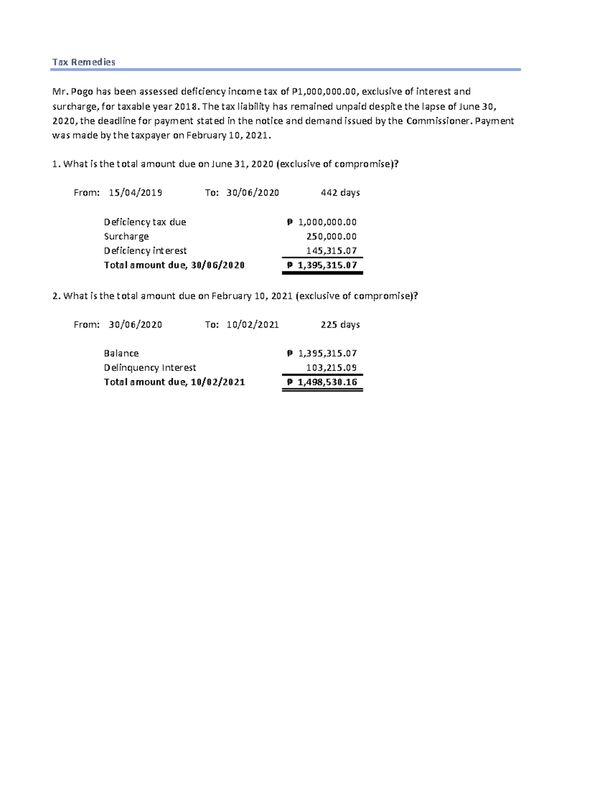 Exercise - Tax Remedies: Calculating Interest and Surcharge - Studocu