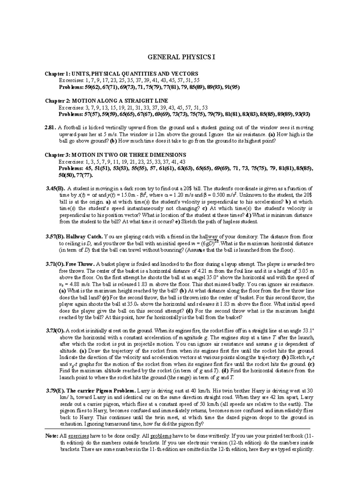 GENERAL PHYSICS I: Chapter Exercises and Problems Overview - Studocu