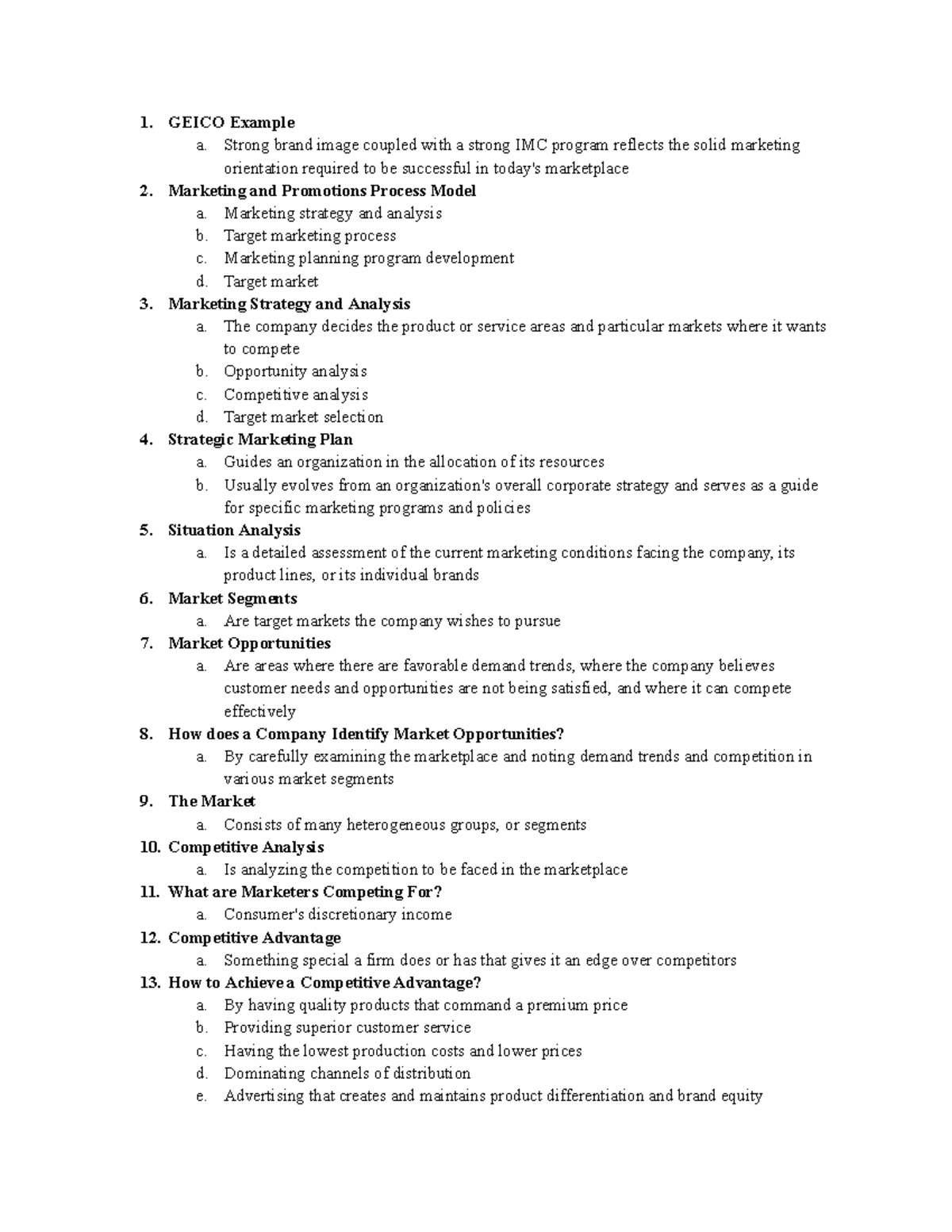 Quiz 1 - Notes for quiz 1 ch 2 and 3 - GEICO Example a. Strong brand ...