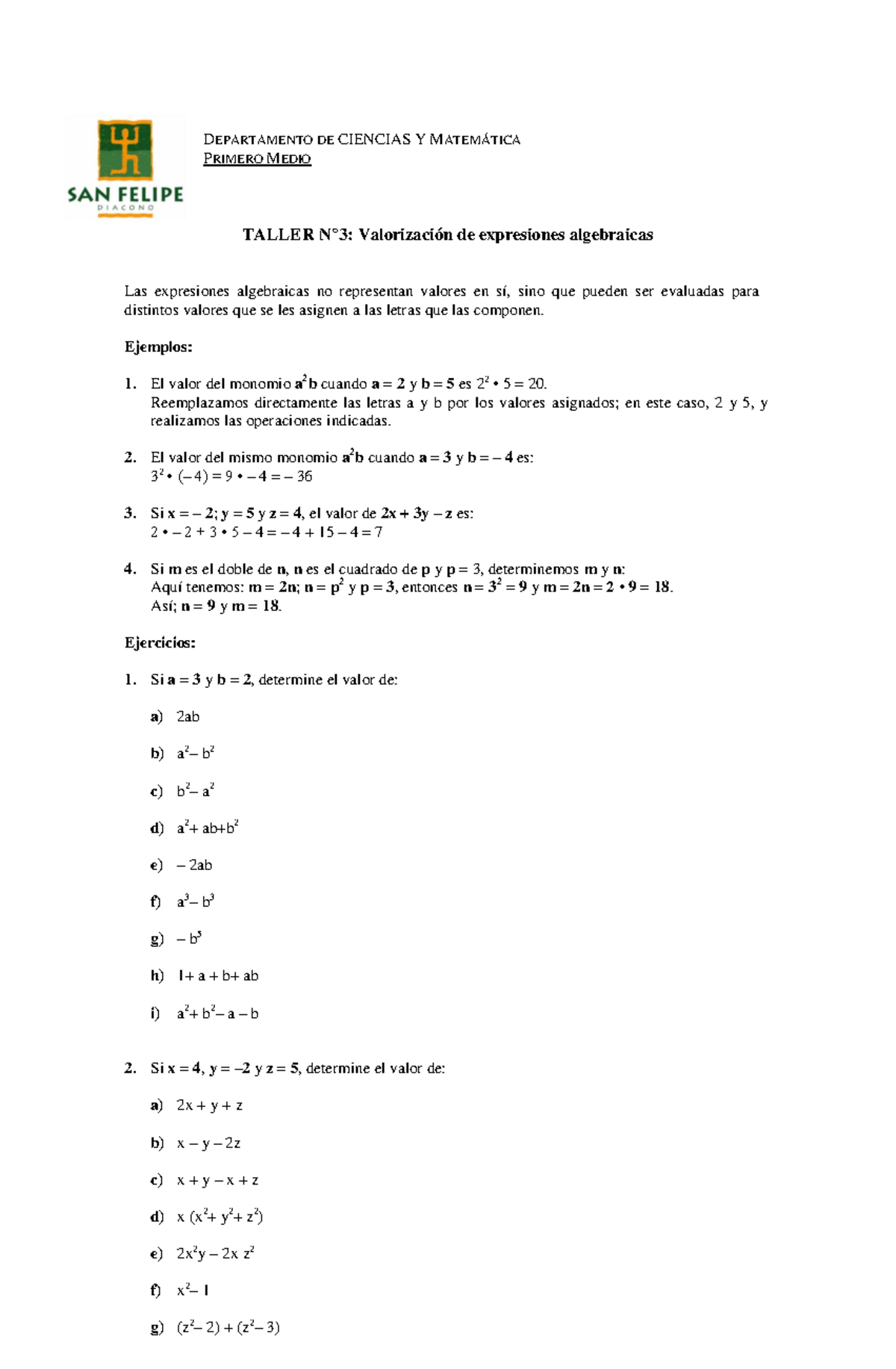 Taller 3: Valorización de Expresiones Algebraicas - Primero Medio - Studocu