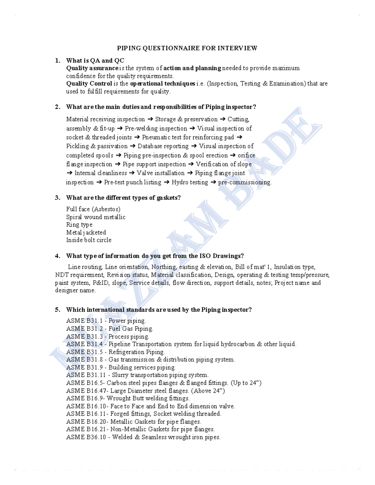 PIPING INSPECTOR INTERVIEW GUIDE - ARAMCO STANDARDS - Studocu