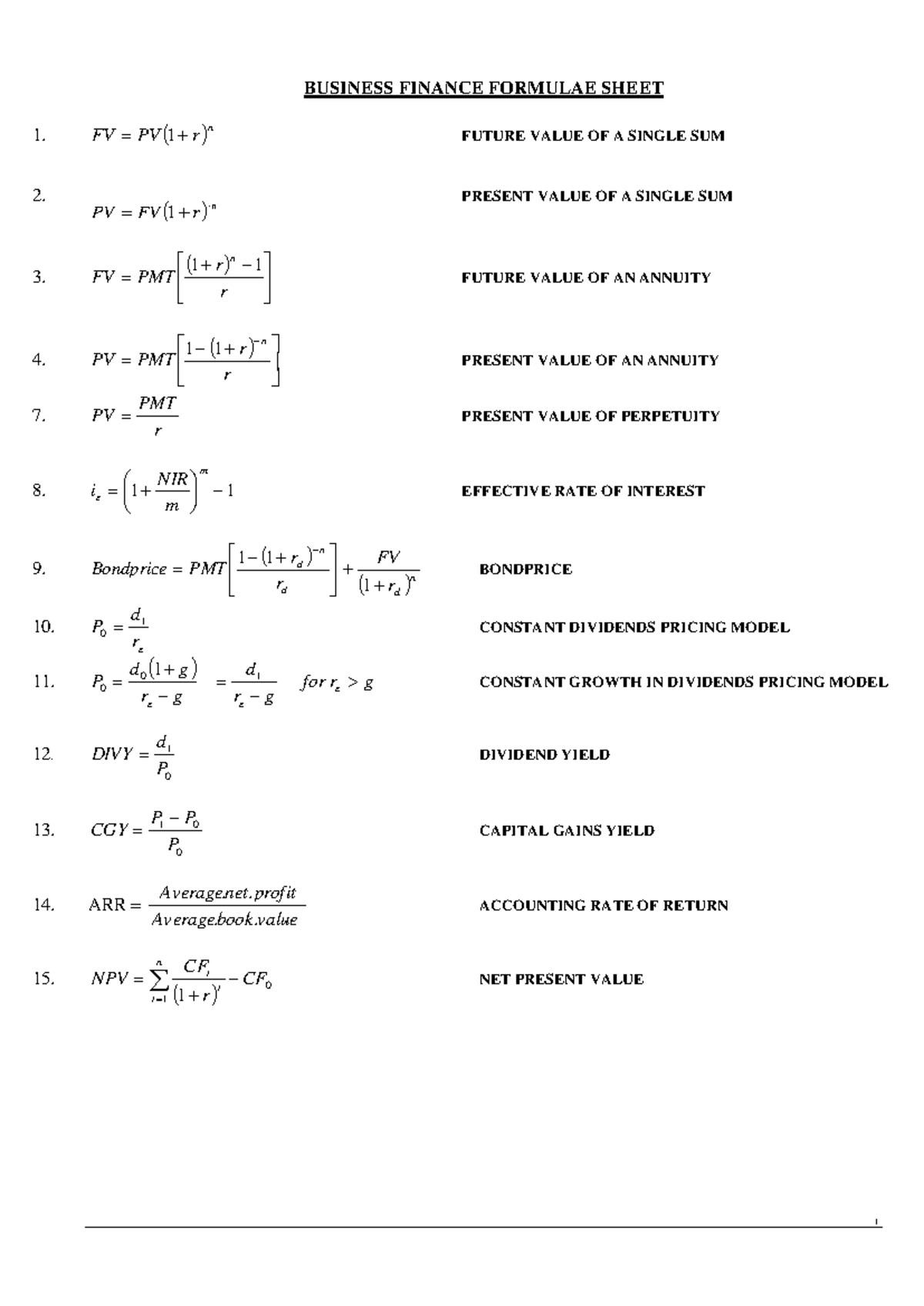 BUSINESS FINANCE FORMULAE SHEET - KEY CONCEPTS & EQUATIONS - Studocu