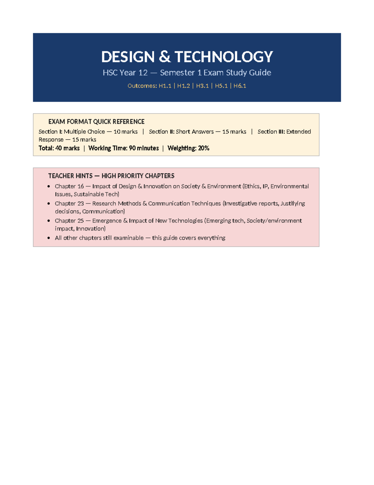 DT HSC Year 12 Semester 1 Exam Study Guide: Key Concepts & Practices ...