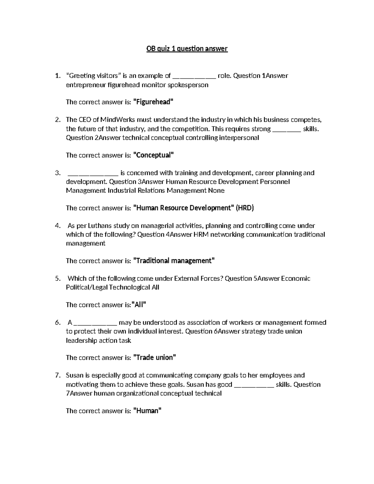 OB Quiz 1 - Sample Questions & Answers for Management Roles - Studocu
