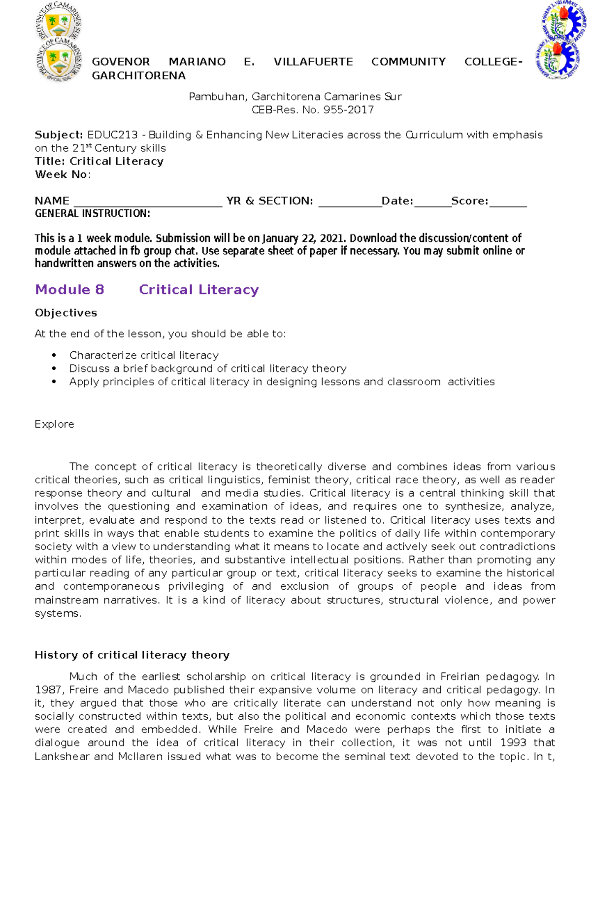 Module 8: Exploring Critical Literacy in EDUC213 Curriculum - Studocu