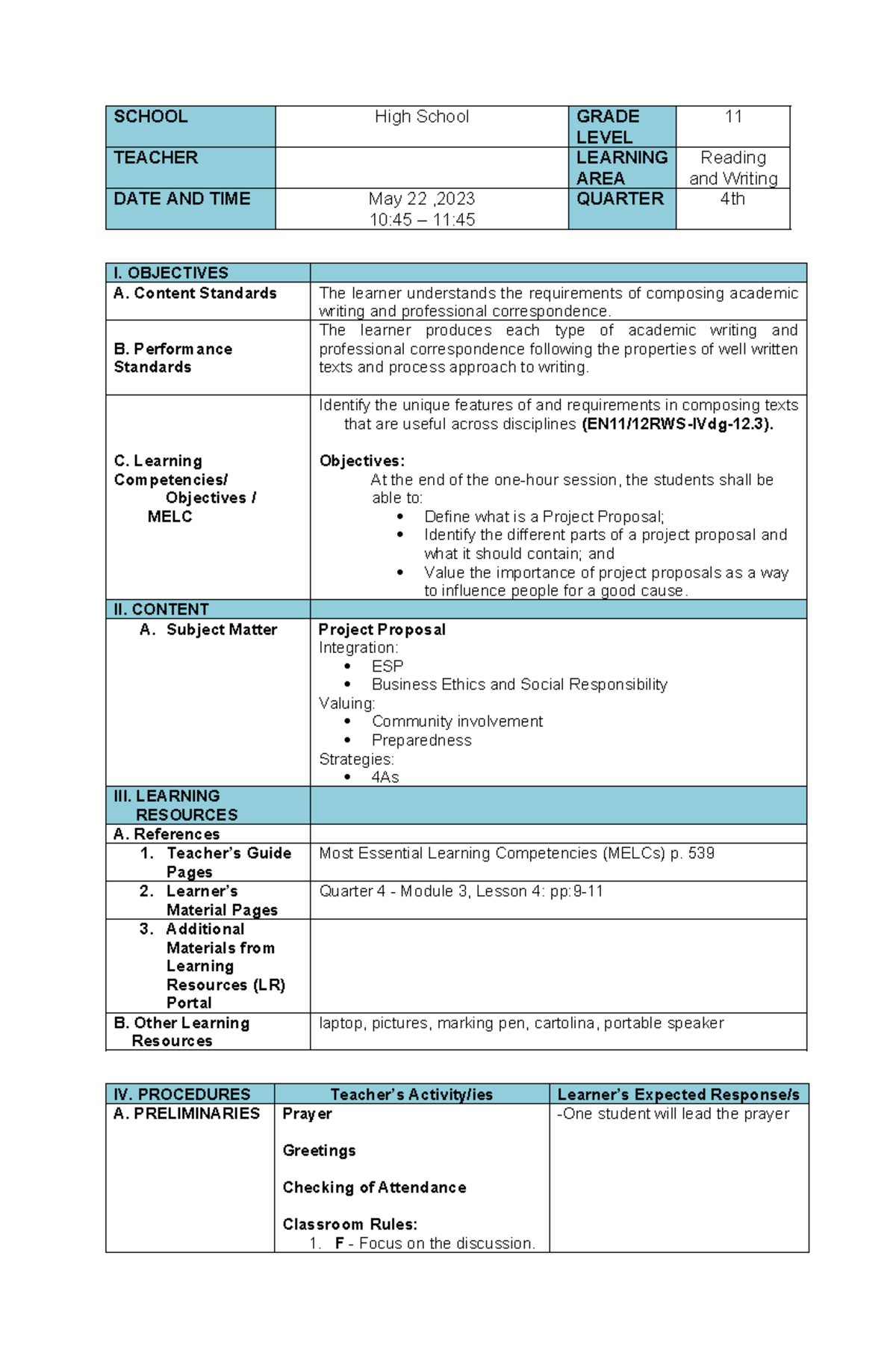 SHS- Proposal Sample Lesson Plan for Project Writing - Studocu