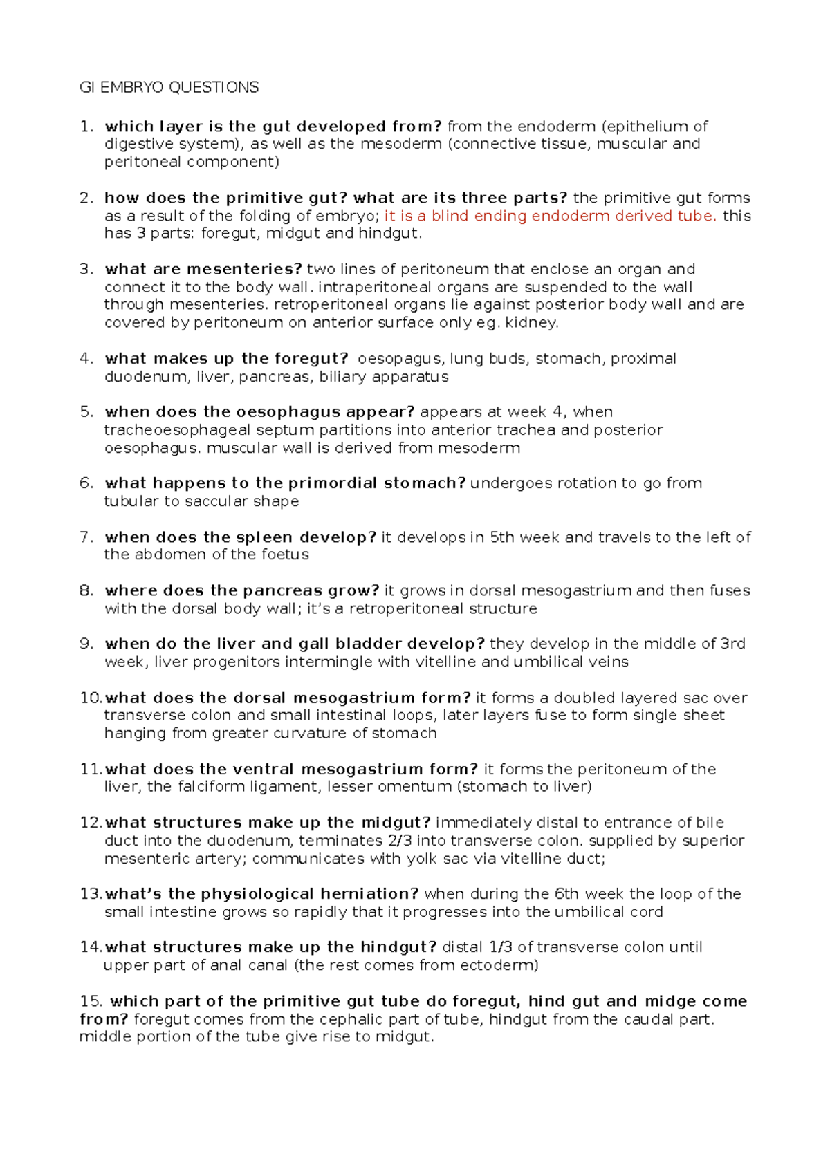 GI Embryo Development Questions for Medical Studies (MD 101) - Studocu