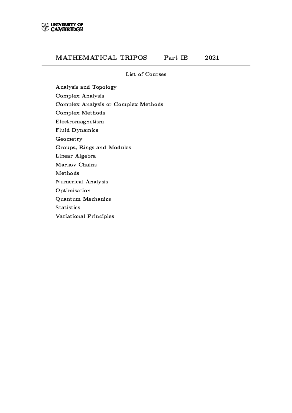 List ib - Cambridge paper - MATHEMATICAL TRIPOS Part IB 2021 List of ...