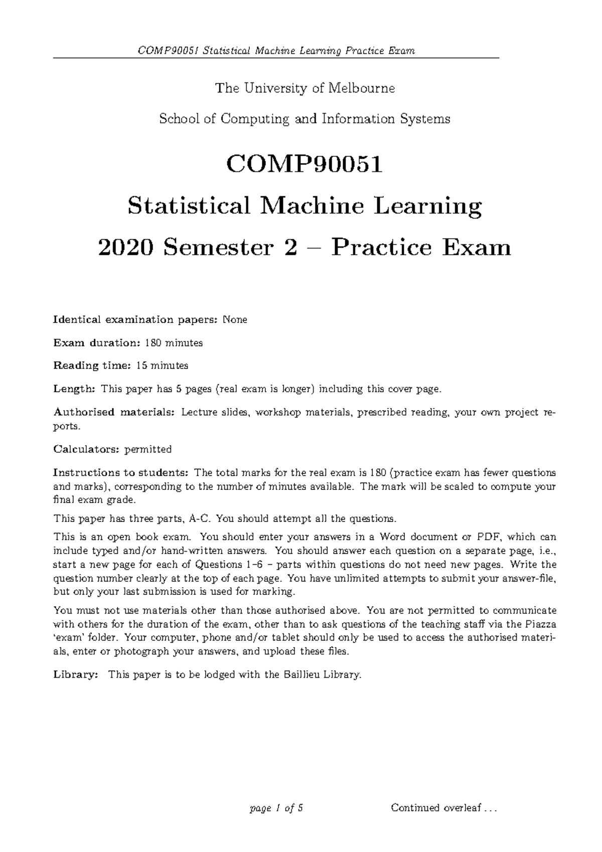 COMP90051 Statistical Machine Learning - Practice Exam 2020 - Studocu