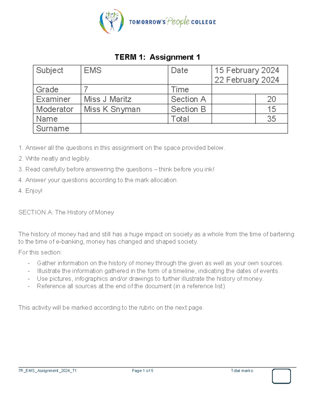 EMS 7 M Assignment 1: The History of Money Timeline T1 2024 - Studocu