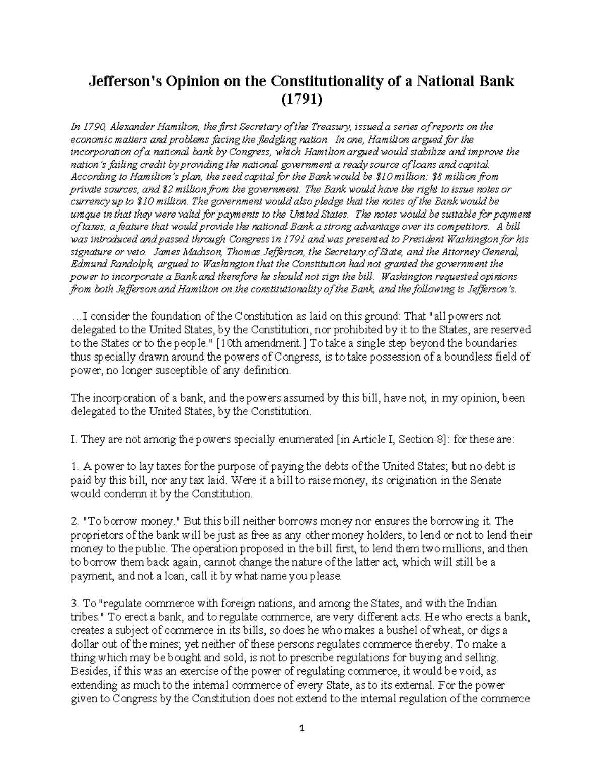Jefferson's View on the Constitutionality of a National Bank (1791 ...