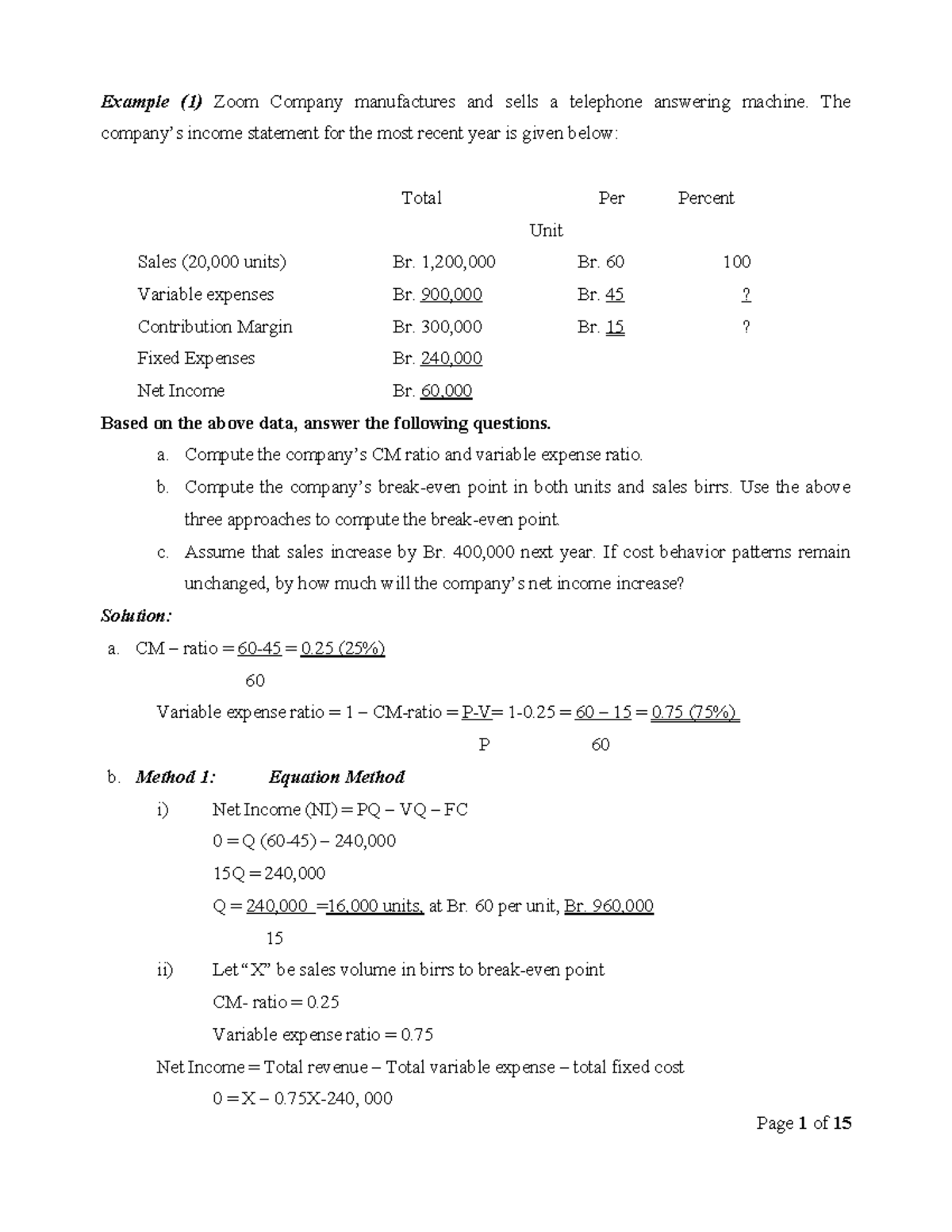 Ch- 1 Lecture Notes: CVP Analysis and Break-Even Calculations - Studocu