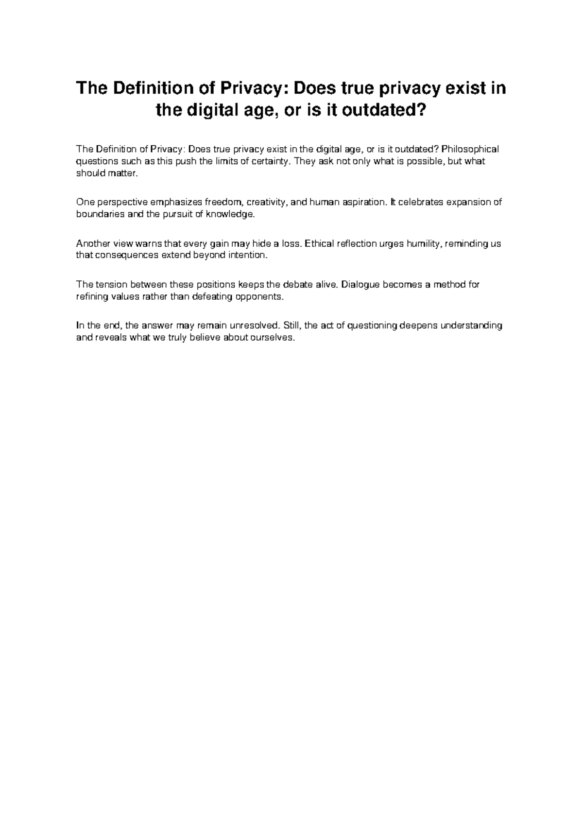 PHIL 101: The Definition of Privacy in the Digital Age Essay - Studocu