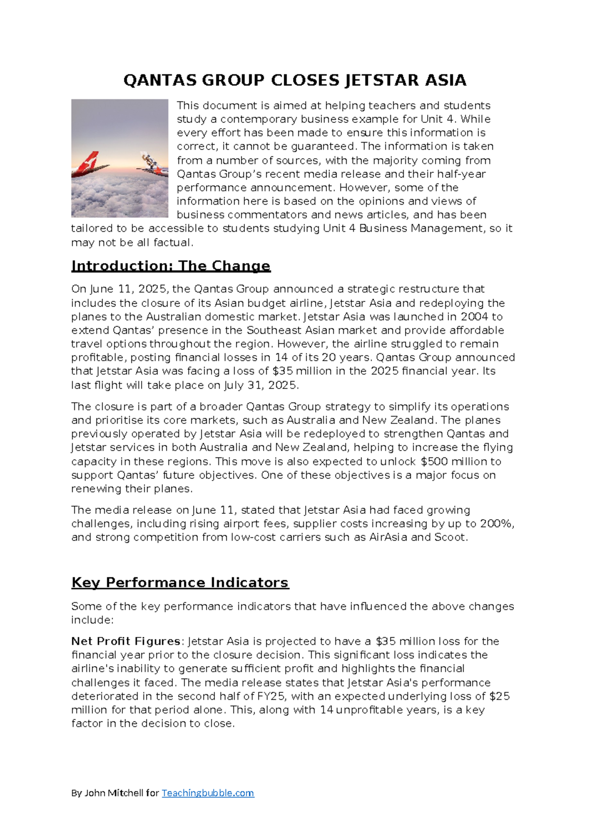 QANTAS GROUP: Closure of Jetstar Asia - Unit 4 Business Management ...