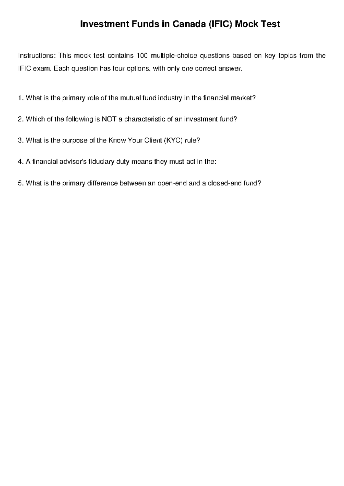IFIC Mock Test - Sample questions for test. - Investment Funds in ...
