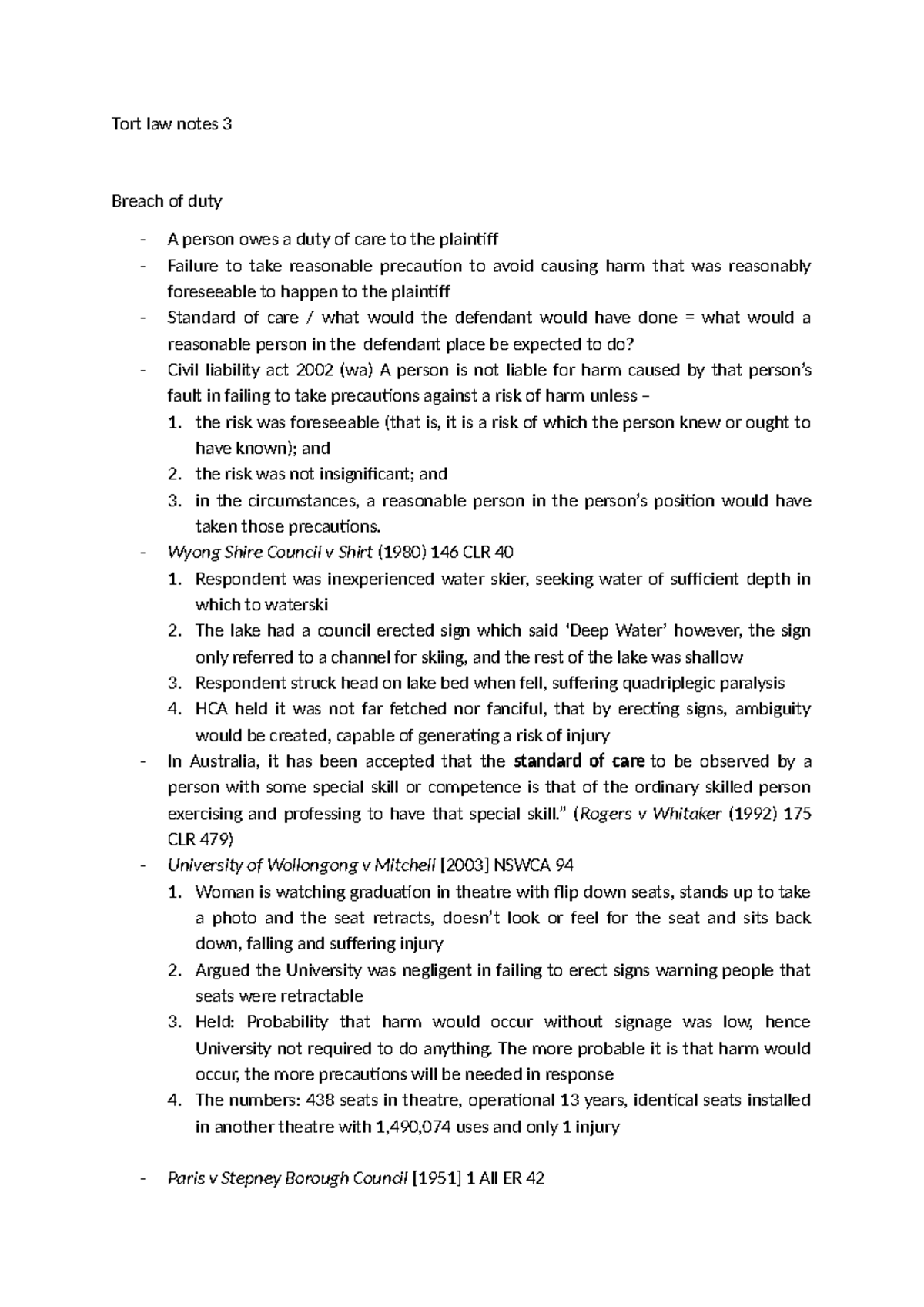 Tort Law Notes: Breach of Duty & Standard of Care (LAW101) - Studocu