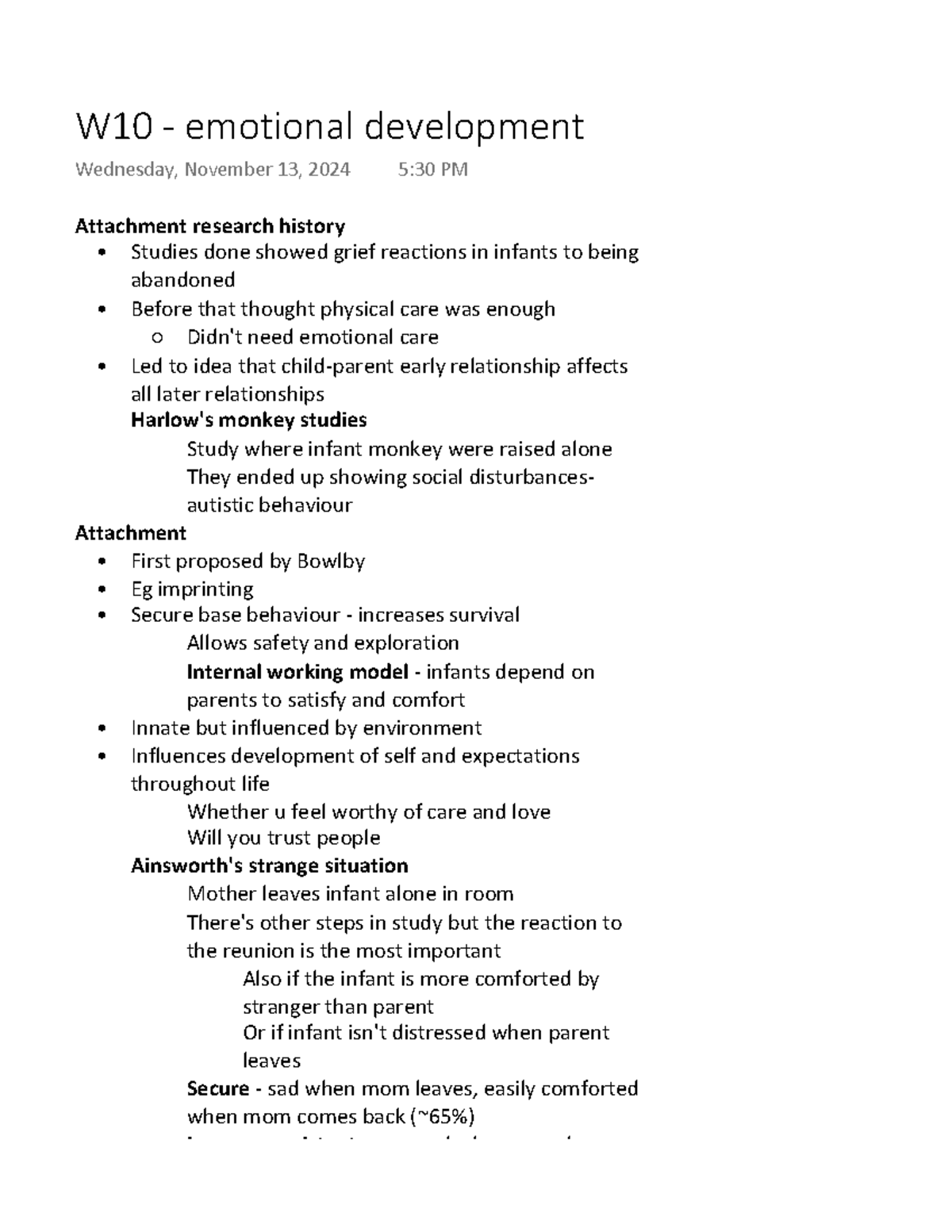 PSY101 Week 10 Lecture Notes: Emotional Development & Attachment Theory ...
