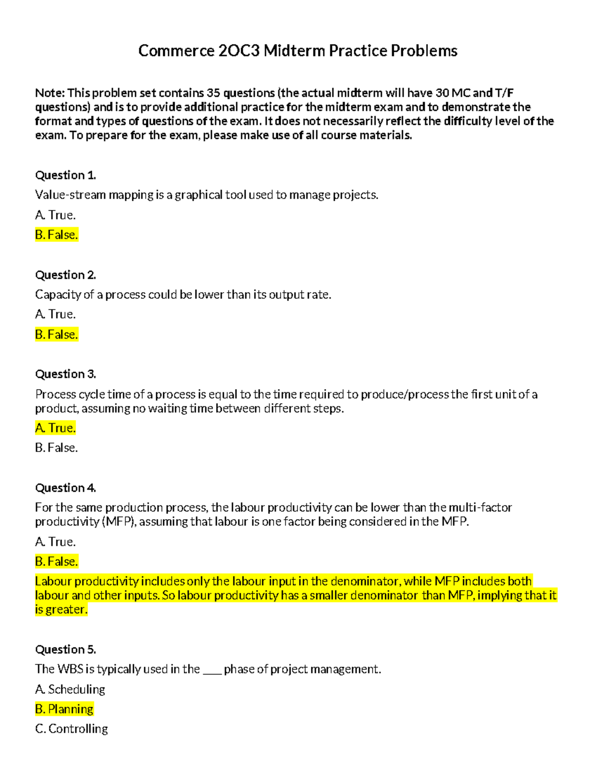 Commerce 2OC3 Midterm Practice Problems - Solutions Guide - Studocu