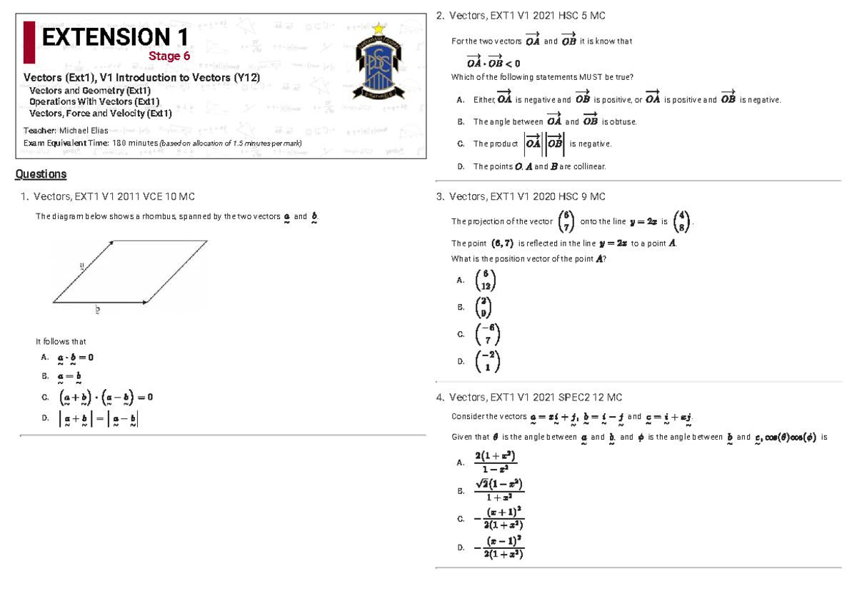 Vectors, EXT1 V1 2021 HSC Exam Questions and Solutions - Studocu