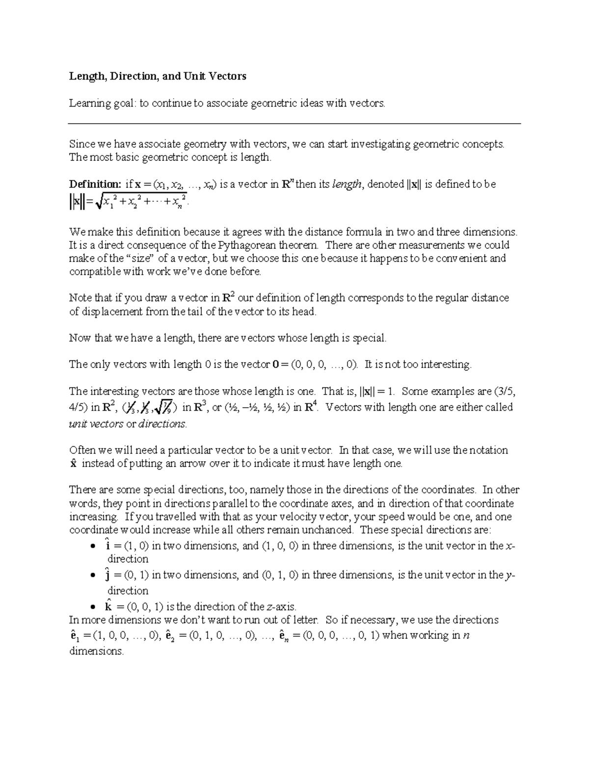 Notes 04-Length and Directions - Length, Direction, and Unit Vectors ...