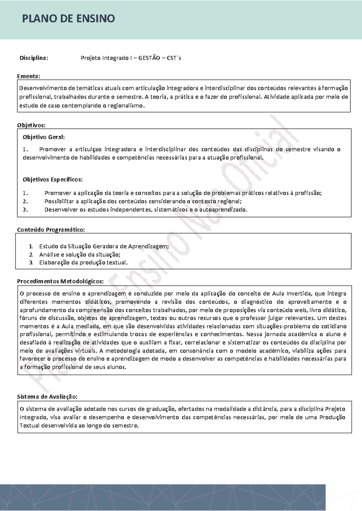 PLANO DE ENSINO: Projeto Integrado I - GESTÃO e Metodologia - Studocu