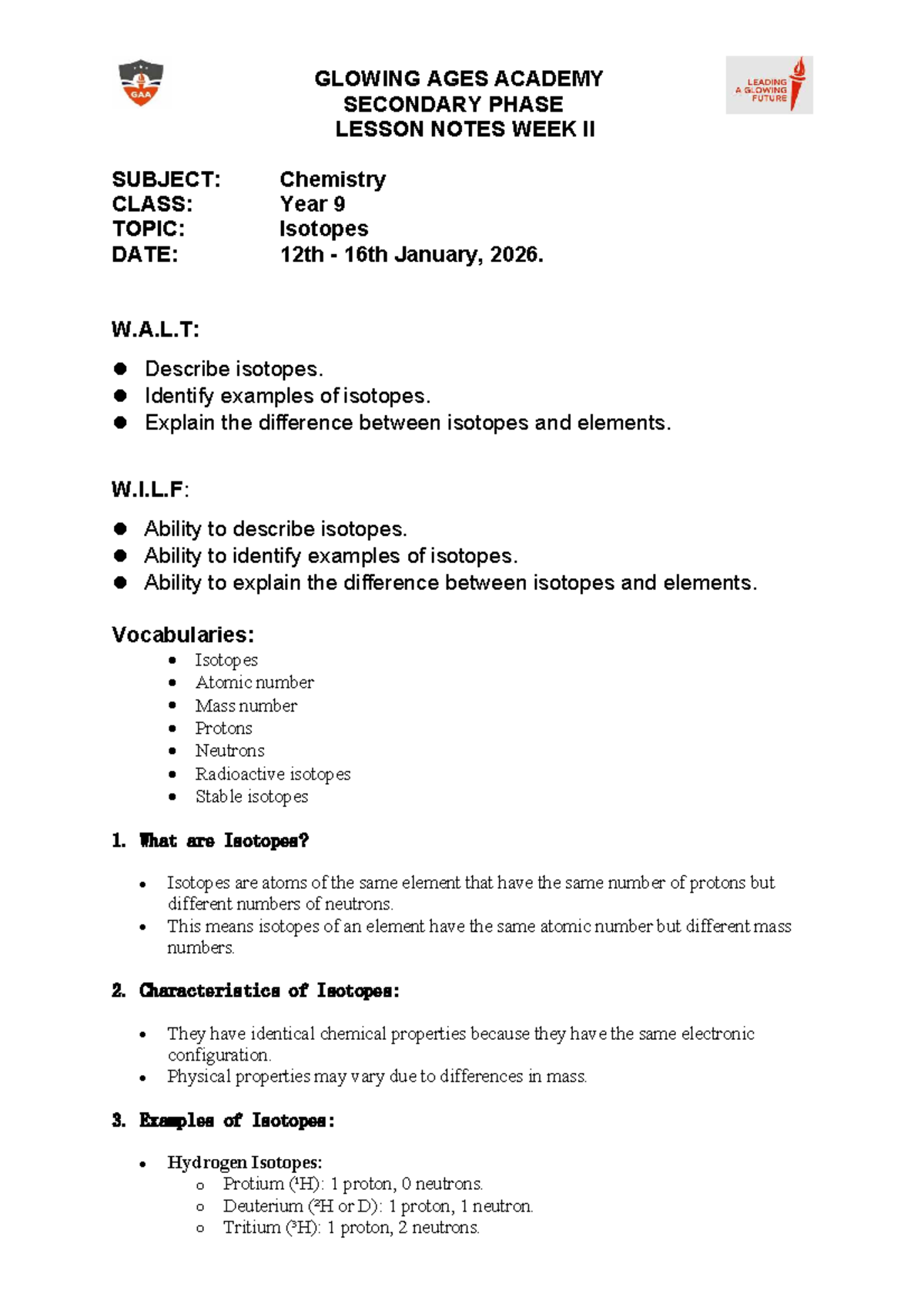 Year 9 Chemistry Lesson Notes: Isotopes (Week II) - Studocu