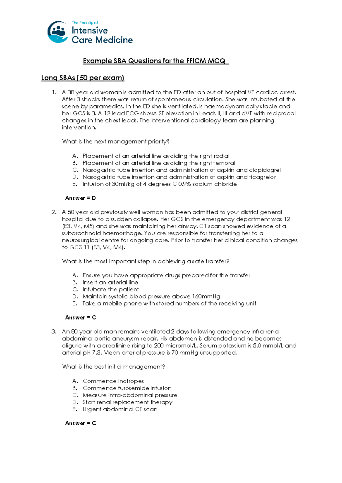 FFICM MCQ Sample Questions - SBA Format (March 2022) - Studocu