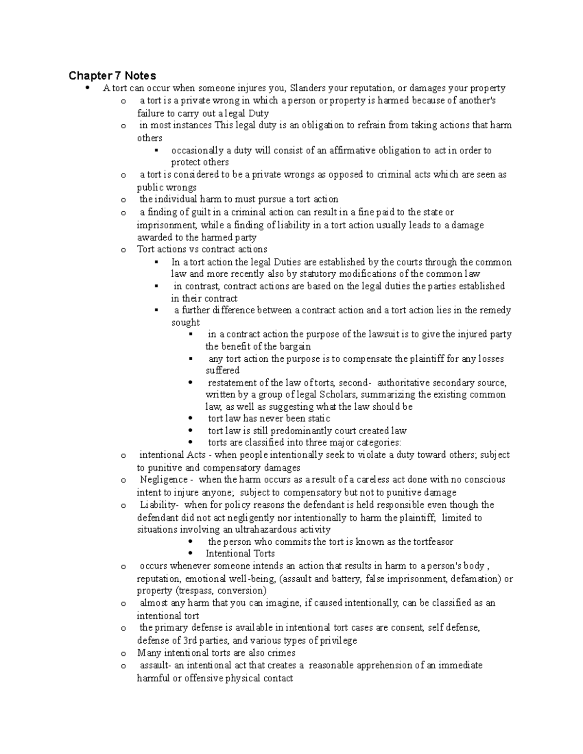 Law 121 Chapter 7 Summary Notes - Understanding Torts and Liability ...