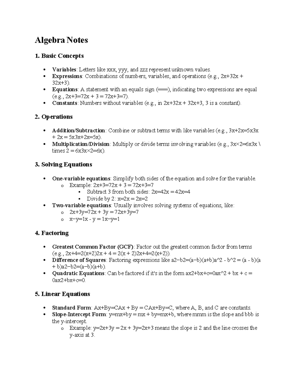 Algebra Notes - Basic Concepts Variables: Letters like xxx, yyy, and ...